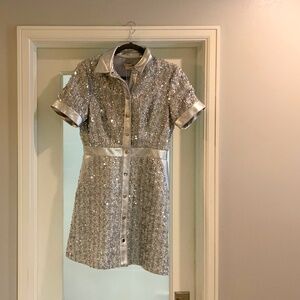 NWT Unique Silver Sequin and Leather cocktail dress, Size 6